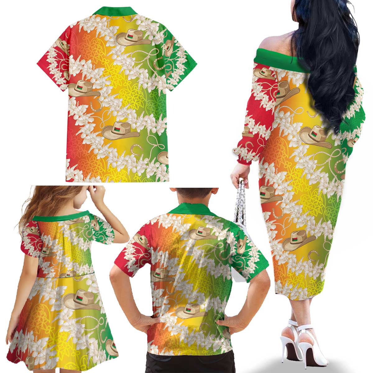 Vanuatu Cowboy Family Matching Off The Shoulder Long Sleeve Dress and Hawaiian Shirt Straw Hats Hibiscus With Sand Drawing - Polynesian Pride