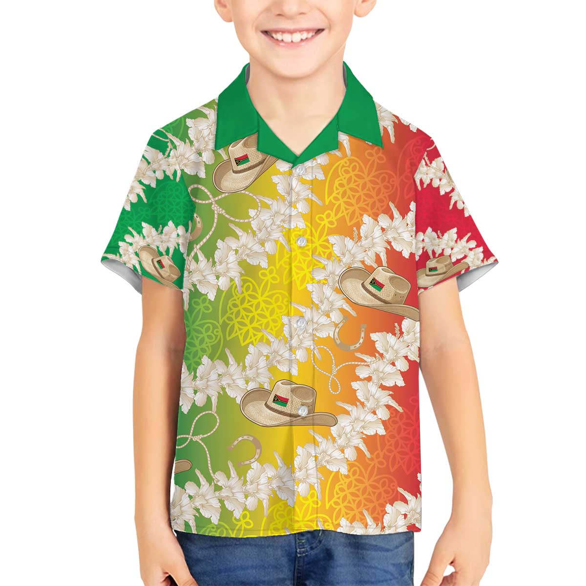 Vanuatu Cowboy Family Matching Off The Shoulder Long Sleeve Dress and Hawaiian Shirt Straw Hats Hibiscus With Sand Drawing - Polynesian Pride