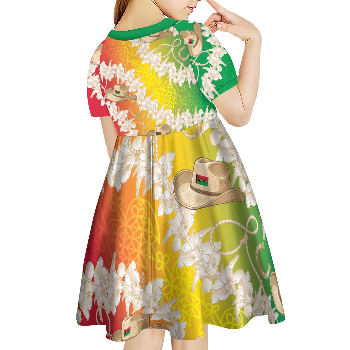 Vanuatu Cowboy Kid Short Sleeve Dress Straw Hats Hibiscus With Sand Drawing - Polynesian Pride