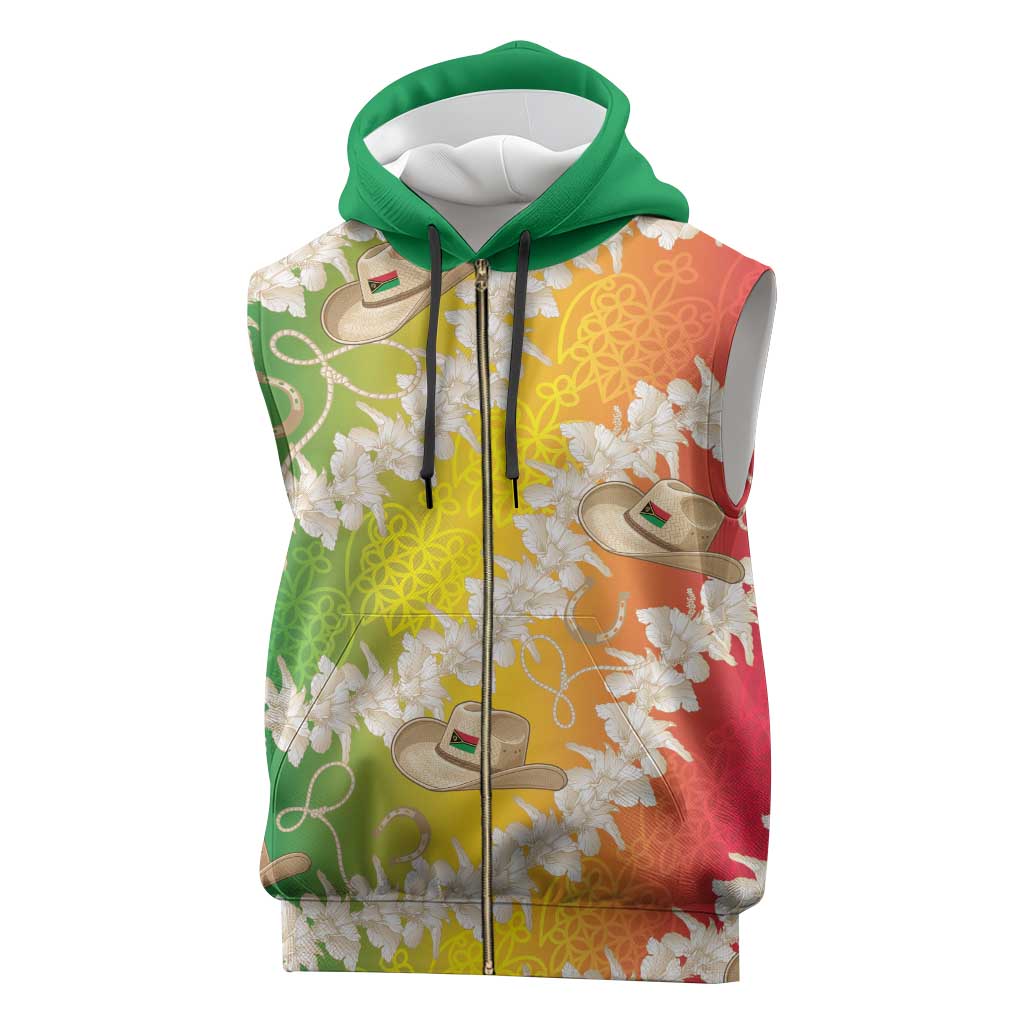 Vanuatu Cowboy Sleeveless Zip Hoodie Straw Hats Hibiscus With Sand Drawing - Polynesian Pride