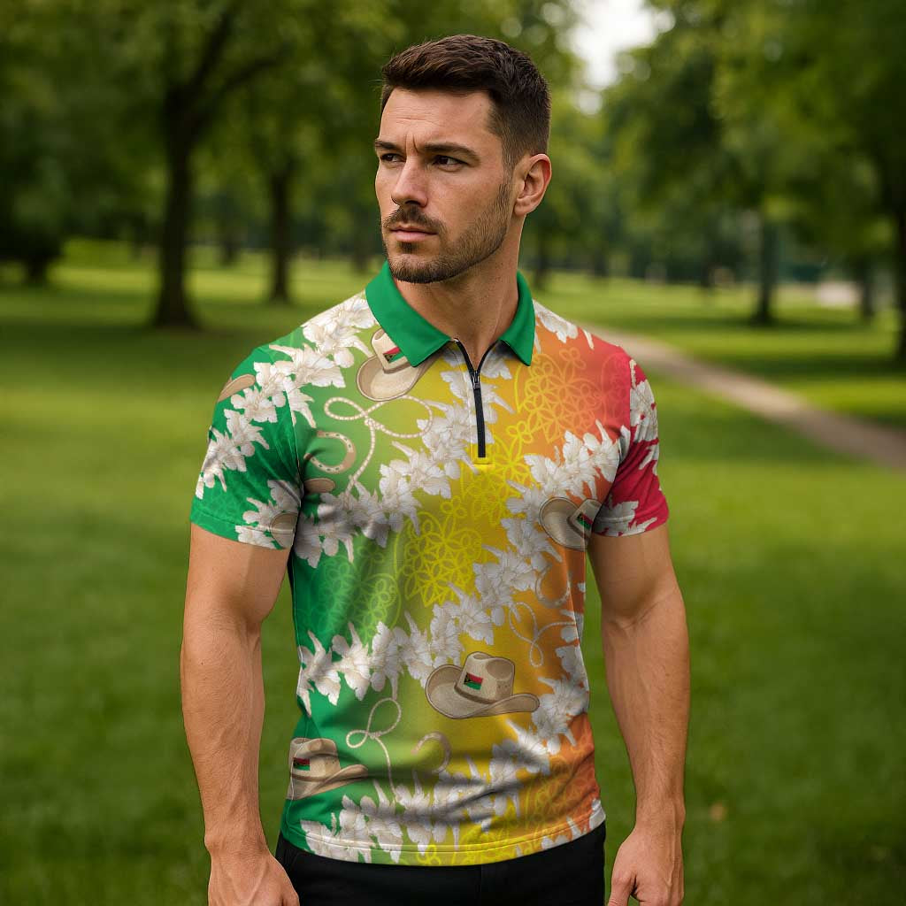 Vanuatu Cowboy Zipper Polo Shirt Straw Hats Hibiscus With Sand Drawing - Polynesian Pride