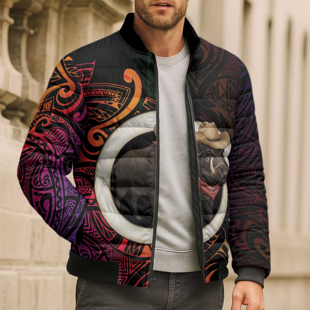 Vanuatu Boar Cowboy Bomber Puffer Jacket Tusk Gradient Polynesian Pattern - Polynesian Pride