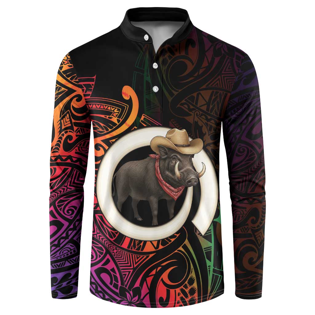 Vanuatu Boar Cowboy Button Sweatshirt Tusk Gradient Polynesian Pattern - Polynesian Pride