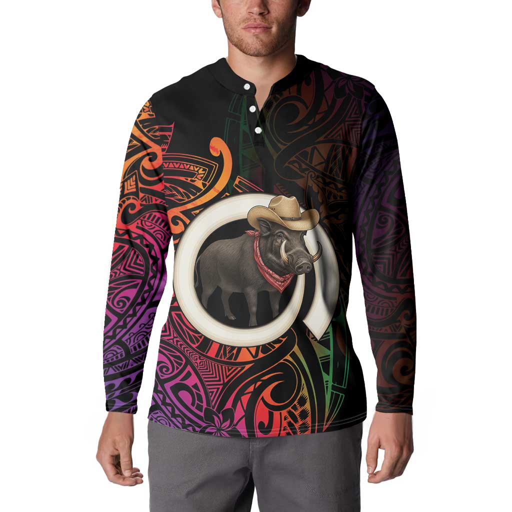 Vanuatu Boar Cowboy Button Sweatshirt Tusk Gradient Polynesian Pattern - Polynesian Pride