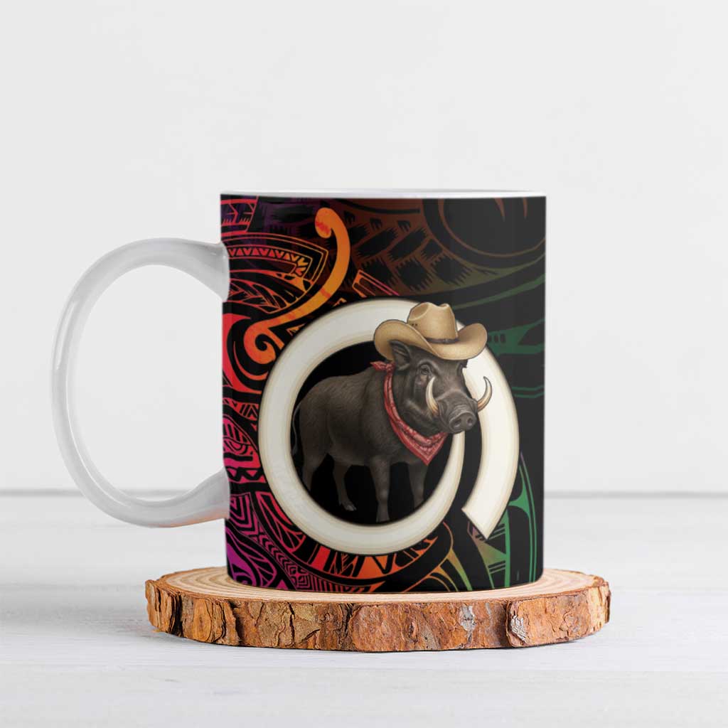 Vanuatu Boar Cowboy Ceramic Mug Tusk Gradient Polynesian Pattern - Polynesian Pride