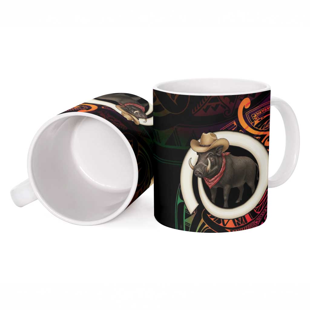 Vanuatu Boar Cowboy Ceramic Mug Tusk Gradient Polynesian Pattern - Polynesian Pride