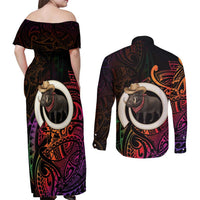 Vanuatu Boar Cowboy Couples Matching Off Shoulder Maxi Dress and Long Sleeve Button Shirt Tusk Gradient Polynesian Pattern - Polynesian Pride