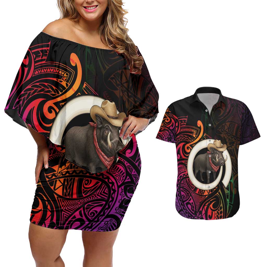 Vanuatu Boar Cowboy Couples Matching Off Shoulder Short Dress and Hawaiian Shirt Tusk Gradient Polynesian Pattern - Polynesian Pride