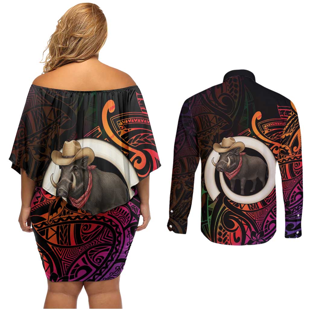 Vanuatu Boar Cowboy Couples Matching Off Shoulder Short Dress and Long Sleeve Button Shirt Tusk Gradient Polynesian Pattern - Polynesian Pride