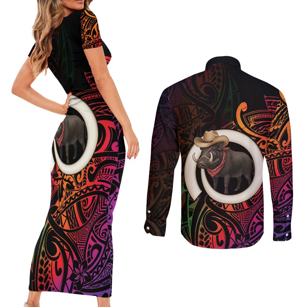 Vanuatu Boar Cowboy Couples Matching Short Sleeve Bodycon Dress and Long Sleeve Button Shirt Tusk Gradient Polynesian Pattern - Polynesian Pride