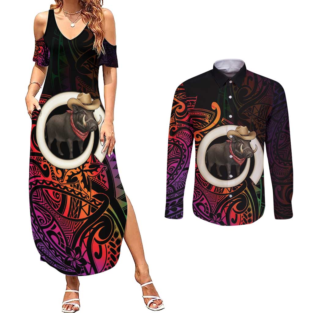 Vanuatu Boar Cowboy Couples Matching Summer Maxi Dress and Long Sleeve Button Shirt Tusk Gradient Polynesian Pattern - Polynesian Pride