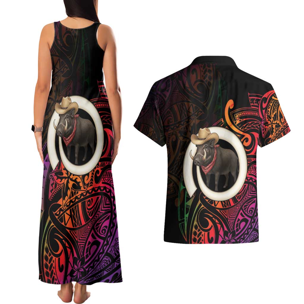Vanuatu Boar Cowboy Couples Matching Tank Maxi Dress and Hawaiian Shirt Tusk Gradient Polynesian Pattern - Polynesian Pride