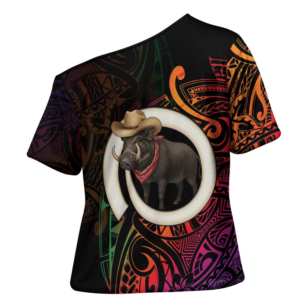 Vanuatu Boar Cowboy Cross Shoulder Shirt Tusk Gradient Polynesian Pattern - Polynesian Pride