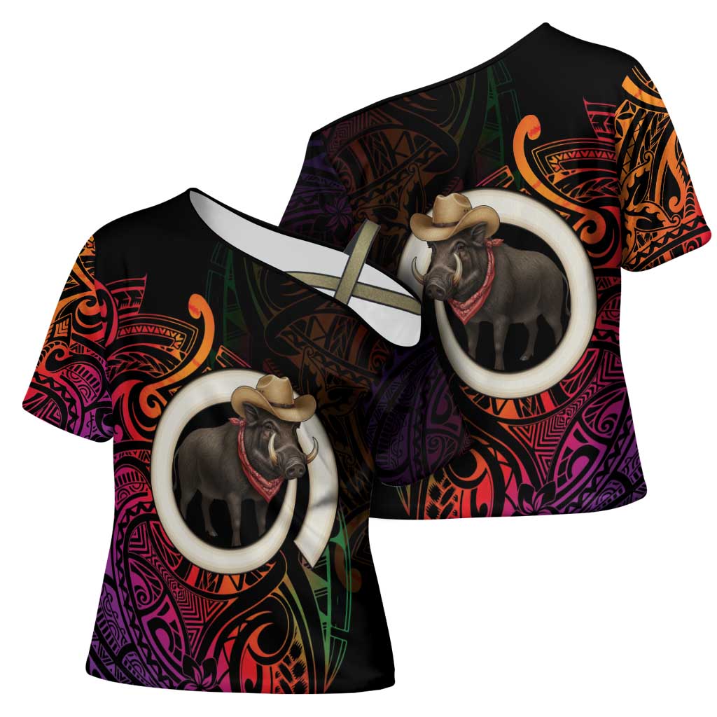 Vanuatu Boar Cowboy Cross Shoulder Shirt Tusk Gradient Polynesian Pattern - Polynesian Pride