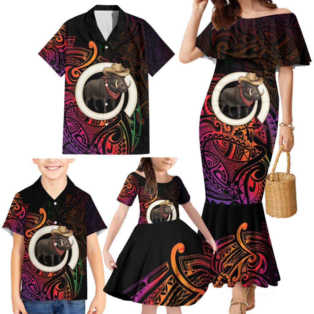 Vanuatu Boar Cowboy Family Matching Mermaid Dress and Hawaiian Shirt Tusk Gradient Polynesian Pattern - Polynesian Pride