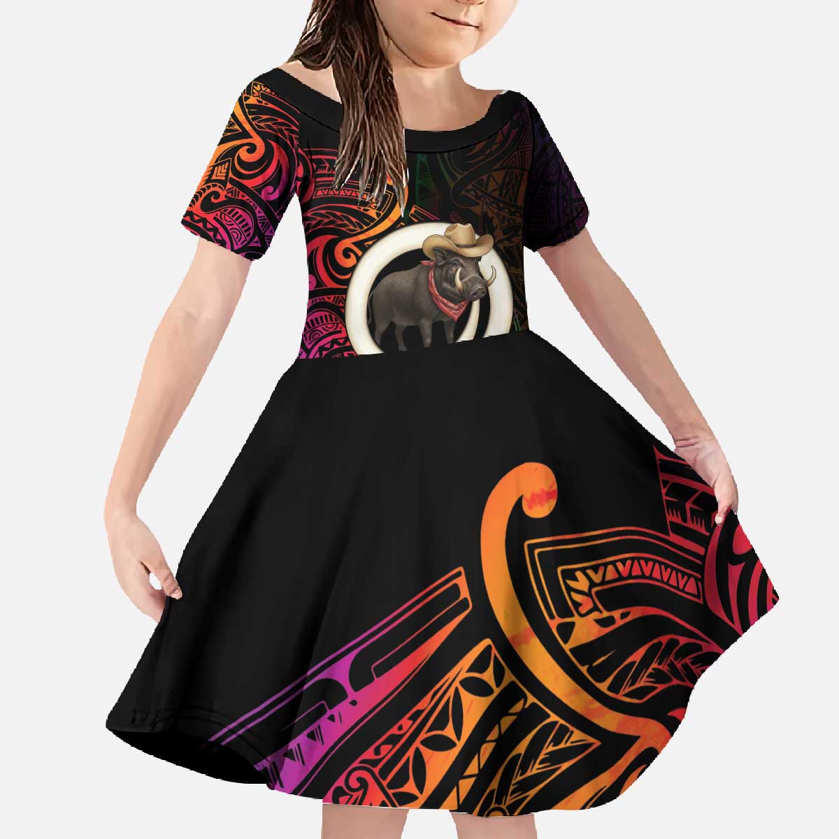 Vanuatu Boar Cowboy Family Matching Off The Shoulder Long Sleeve Dress and Hawaiian Shirt Tusk Gradient Polynesian Pattern - Polynesian Pride