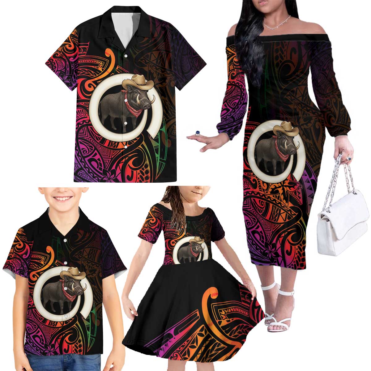 Vanuatu Boar Cowboy Family Matching Off The Shoulder Long Sleeve Dress and Hawaiian Shirt Tusk Gradient Polynesian Pattern - Polynesian Pride
