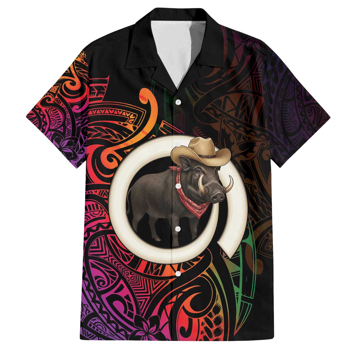 Vanuatu Boar Cowboy Family Matching Off The Shoulder Long Sleeve Dress and Hawaiian Shirt Tusk Gradient Polynesian Pattern - Polynesian Pride