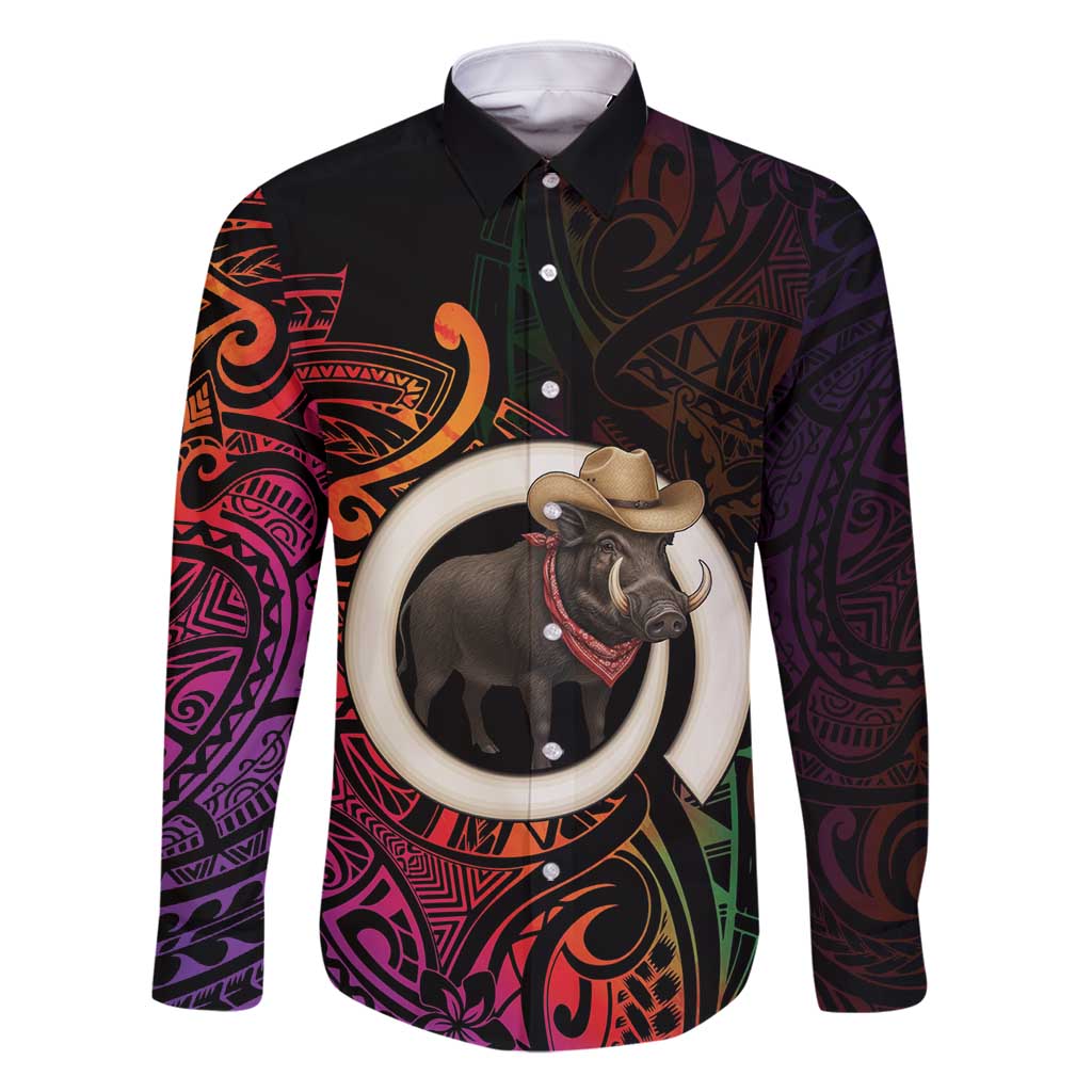 Vanuatu Boar Cowboy Family Matching Off Shoulder Maxi Dress and Hawaiian Shirt Tusk Gradient Polynesian Pattern - Polynesian Pride