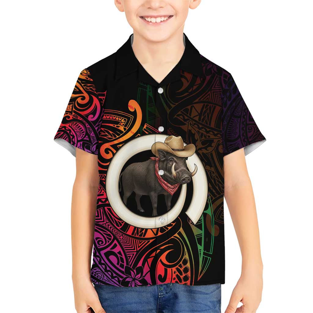 Vanuatu Boar Cowboy Family Matching Off Shoulder Maxi Dress and Hawaiian Shirt Tusk Gradient Polynesian Pattern - Polynesian Pride