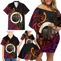Vanuatu Boar Cowboy Family Matching Off Shoulder Short Dress and Hawaiian Shirt Tusk Gradient Polynesian Pattern - Polynesian Pride