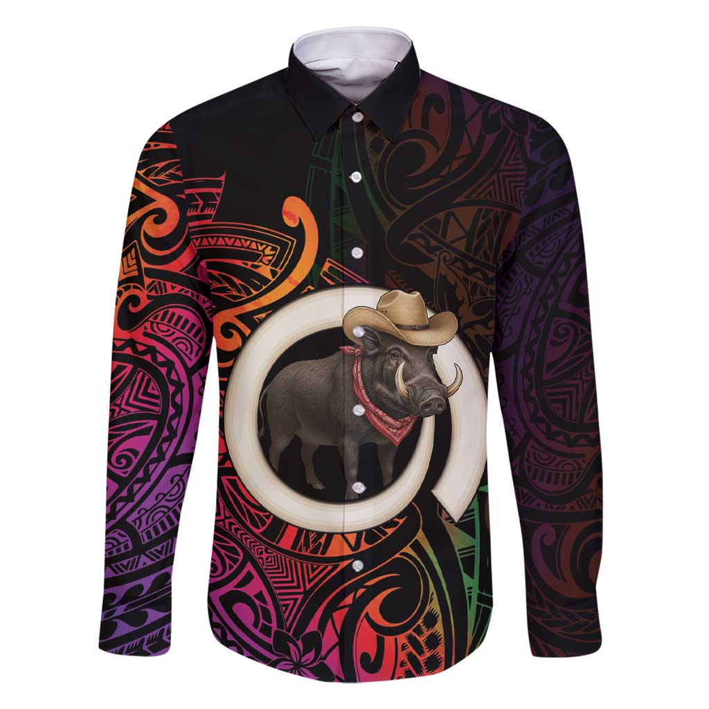 Vanuatu Boar Cowboy Family Matching Short Sleeve Bodycon Dress and Hawaiian Shirt Tusk Gradient Polynesian Pattern - Polynesian Pride