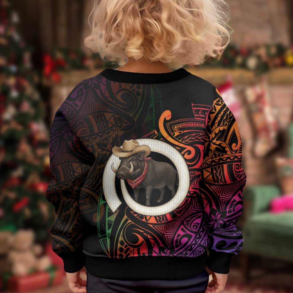 Vanuatu Boar Cowboy Kid Ugly Christmas Sweater Tusk Gradient Polynesian Pattern - Polynesian Pride