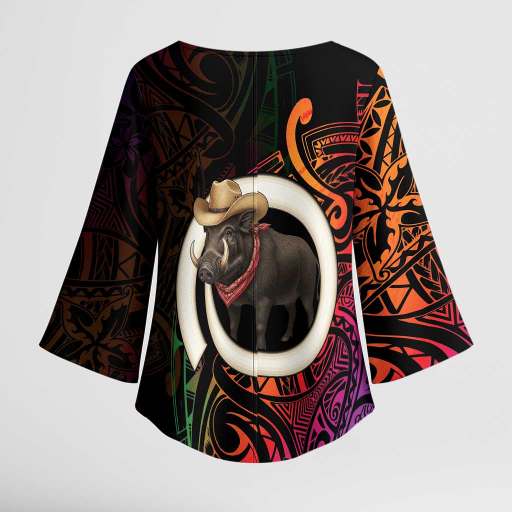 Vanuatu Boar Cowboy Kimono Sleeve Blouse Tusk Gradient Polynesian Pattern - Polynesian Pride