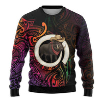 Vanuatu Boar Cowboy Ugly Christmas Sweater Tusk Gradient Polynesian Pattern - Polynesian Pride