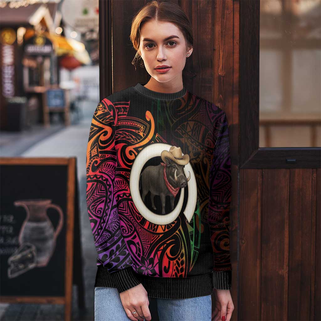 Vanuatu Boar Cowboy Ugly Christmas Sweater Tusk Gradient Polynesian Pattern - Polynesian Pride