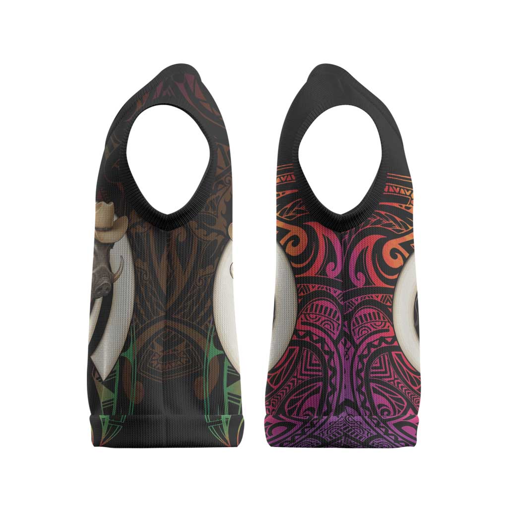 Vanuatu Boar Cowboy Christmas Knitted V-Neck Vest Tusk Gradient Polynesian Pattern - Polynesian Pride