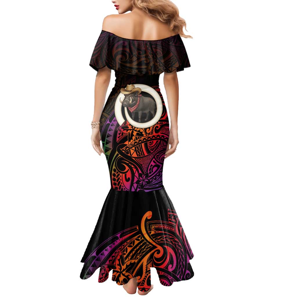 Vanuatu Boar Cowboy Mermaid Dress Tusk Gradient Polynesian Pattern - Polynesian Pride