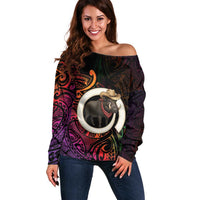 Vanuatu Boar Cowboy Off Shoulder Sweater Tusk Gradient Polynesian Pattern LT14 Women Black - Polynesian Pride