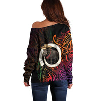 Vanuatu Boar Cowboy Off Shoulder Sweater Tusk Gradient Polynesian Pattern LT14 - Polynesian Pride