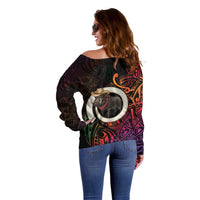 Vanuatu Boar Cowboy Off Shoulder Sweater Tusk Gradient Polynesian Pattern LT14 - Polynesian Pride
