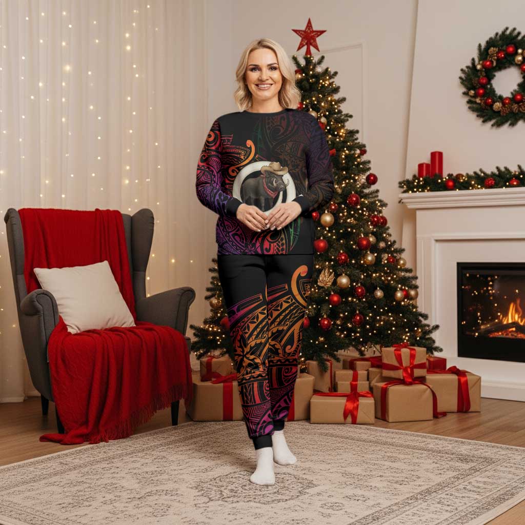 Vanuatu Boar Cowboy Christmas Pajama Set Tusk Gradient Polynesian Pattern - Polynesian Pride