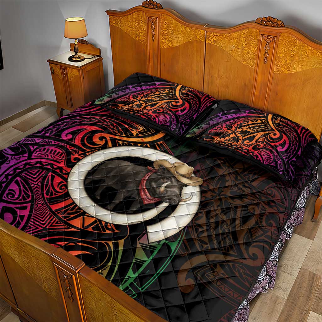 Vanuatu Boar Cowboy Quilt Bed Set Tusk Gradient Polynesian Pattern - Polynesian Pride