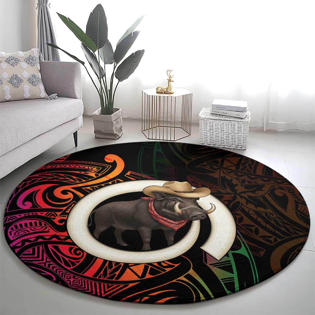 Vanuatu Boar Cowboy Round Carpet Tusk Gradient Polynesian Pattern - Polynesian Pride