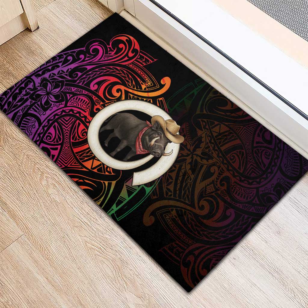 Vanuatu Boar Cowboy Rubber Doormat Tusk Gradient Polynesian Pattern - Polynesian Pride