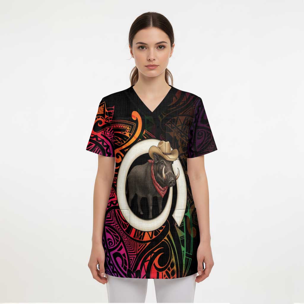 Vanuatu Boar Cowboy Scrub Top Tusk Gradient Polynesian Pattern - Polynesian Pride
