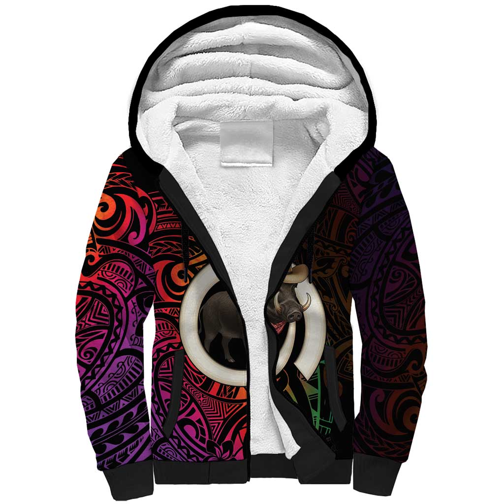 Vanuatu Boar Cowboy Sherpa Hoodie Tusk Gradient Polynesian Pattern - Polynesian Pride
