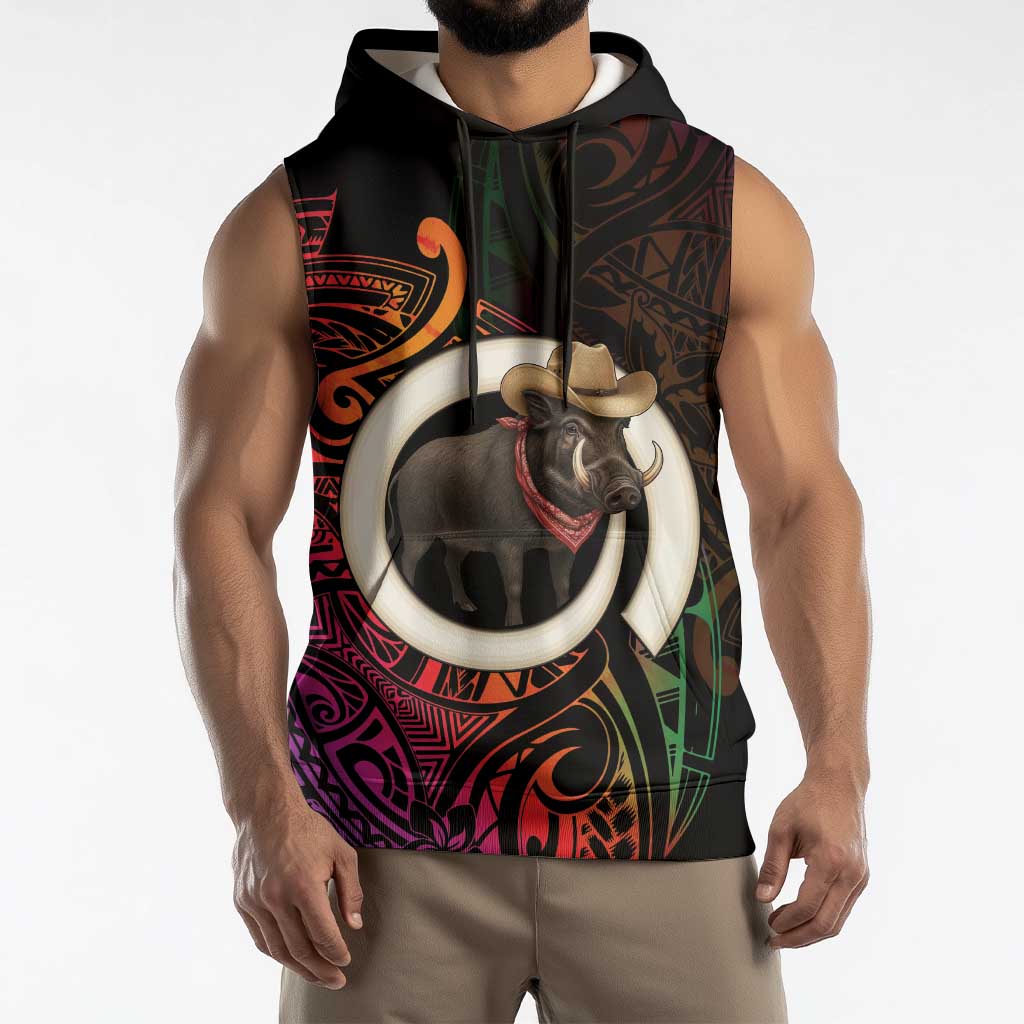 Vanuatu Boar Cowboy Sleeveless Hoodie Tusk Gradient Polynesian Pattern - Polynesian Pride