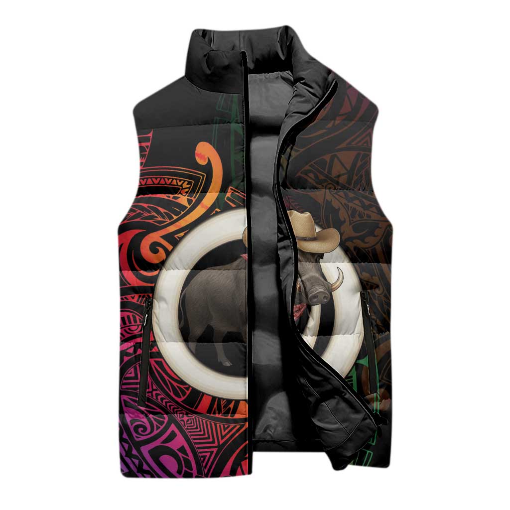 Vanuatu Boar Cowboy Sleeveless Puffer Jacket Tusk Gradient Polynesian Pattern - Polynesian Pride