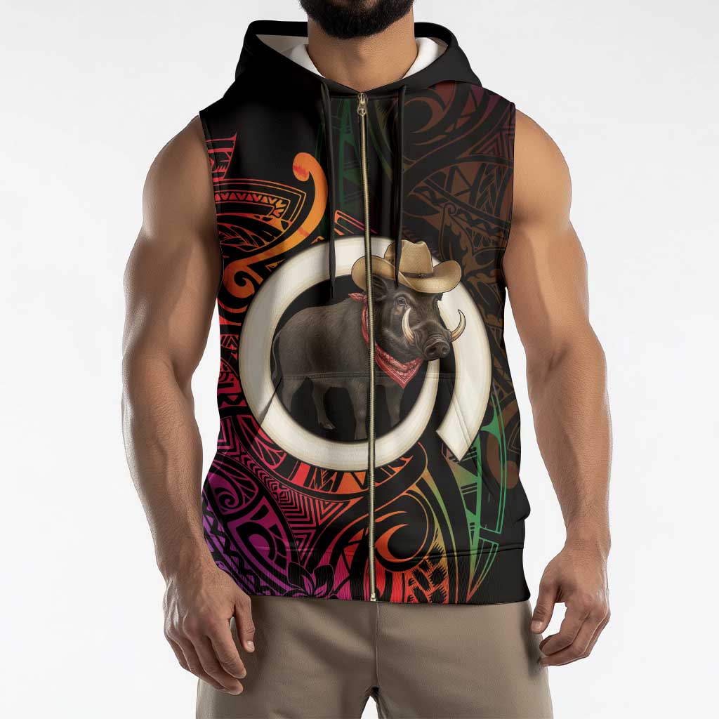 Vanuatu Boar Cowboy Sleeveless Zip Hoodie Tusk Gradient Polynesian Pattern - Polynesian Pride