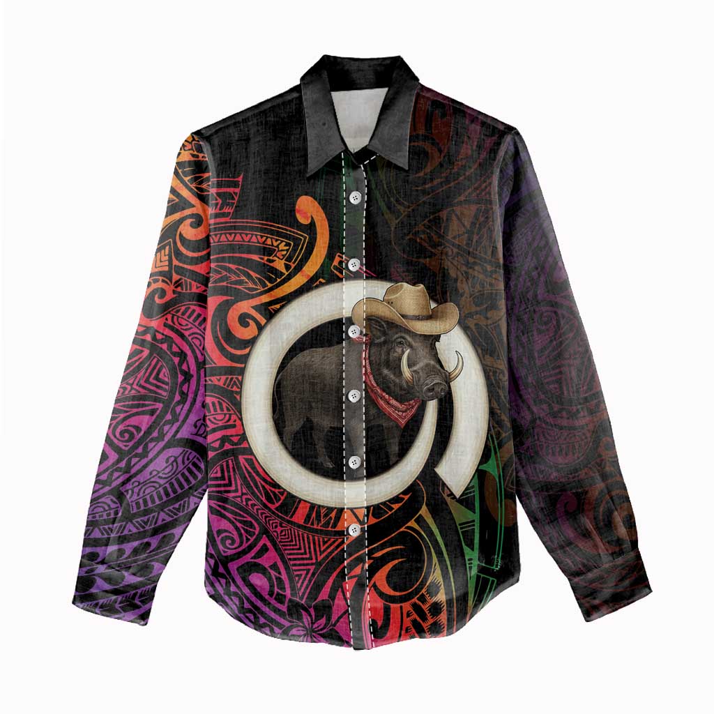 Vanuatu Boar Cowboy Women Casual Shirt Tusk Gradient Polynesian Pattern - Polynesian Pride