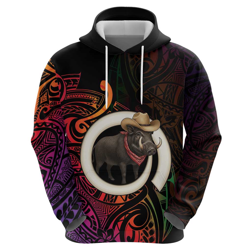 Vanuatu Boar Cowboy Zip Hoodie Tusk Gradient Polynesian Pattern - Polynesian Pride