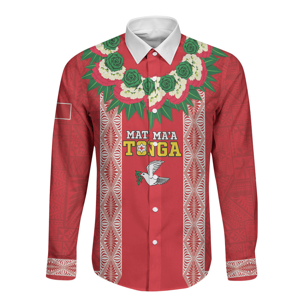 Mate Ma'a Tonga Rugby Custom Long Sleeve Button Shirt Tongan Kahoa Lei Ngatu Pattern Red
