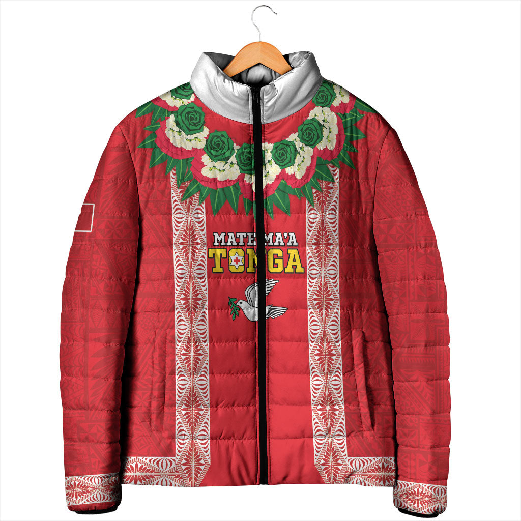 Mate Ma'a Tonga Rugby Custom Padded Jacket Tongan Kahoa Lei Ngatu Pattern Red LT14 - Polynesian Pride