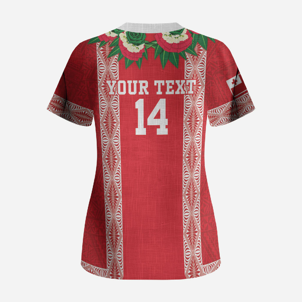 Mate Ma'a Tonga Rugby Custom Scrub Top Tongan Kahoa Lei Ngatu Pattern Red