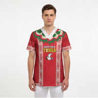 Mate Ma'a Tonga Rugby Custom Scrub Top Tongan Kahoa Lei Ngatu Pattern Red